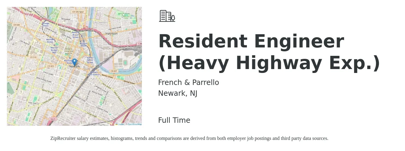 French & Parrello job posting for a Resident Engineer (Heavy Highway Exp.) in Newark, NJ with a salary of $103,500 to $132,300 Yearly with a map of Newark location.