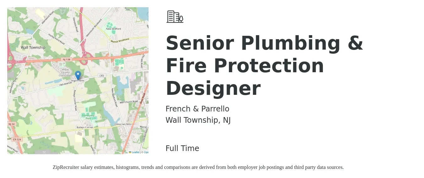 French & Parrello job posting for a Senior Plumbing & Fire Protection Designer in Wall Township, NJ with a salary of $105,300 to $112,500 Yearly with a map of Wall Township location.