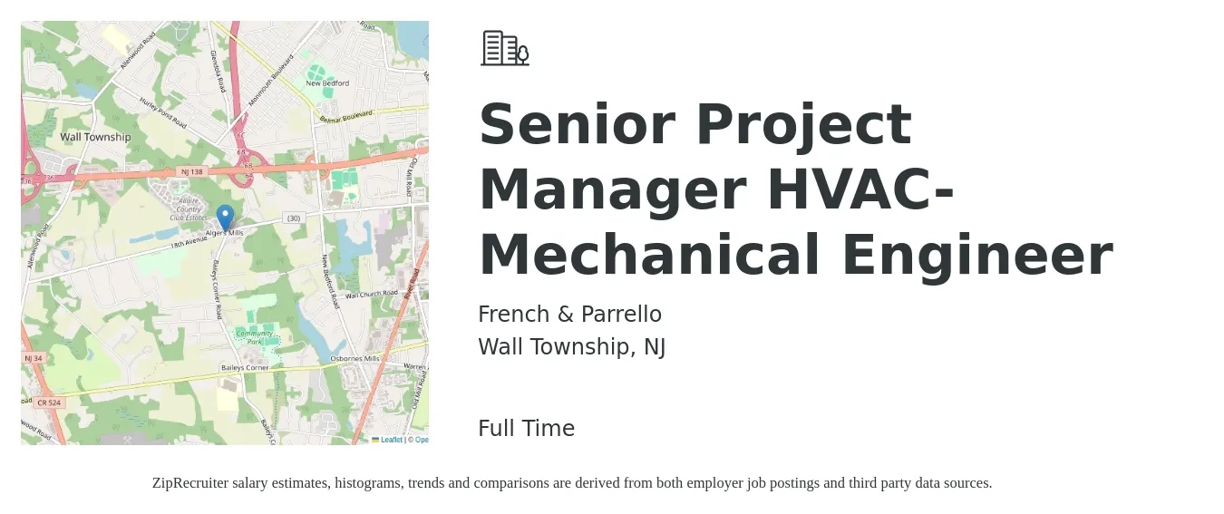 French & Parrello job posting for a Senior Project Manager HVAC-Mechanical Engineer in Wall Township, NJ with a salary of $110,000 to $130,100 Yearly with a map of Wall Township location.