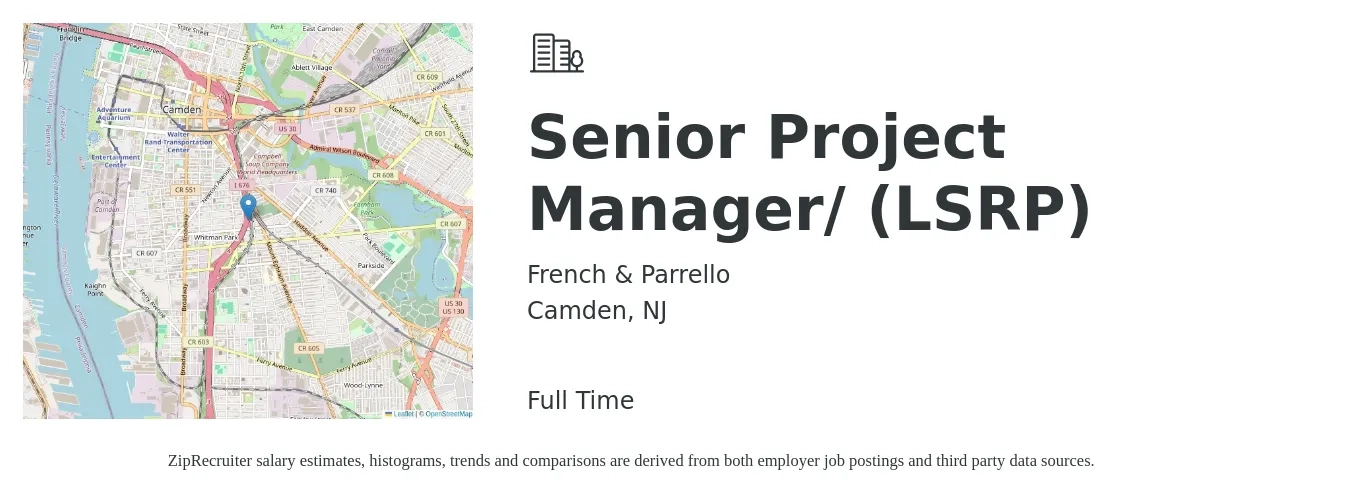 French & Parrello job posting for a Senior Project Manager/ (LSRP) in Camden, NJ with a salary of $104,100 to $146,900 Yearly with a map of Camden location.