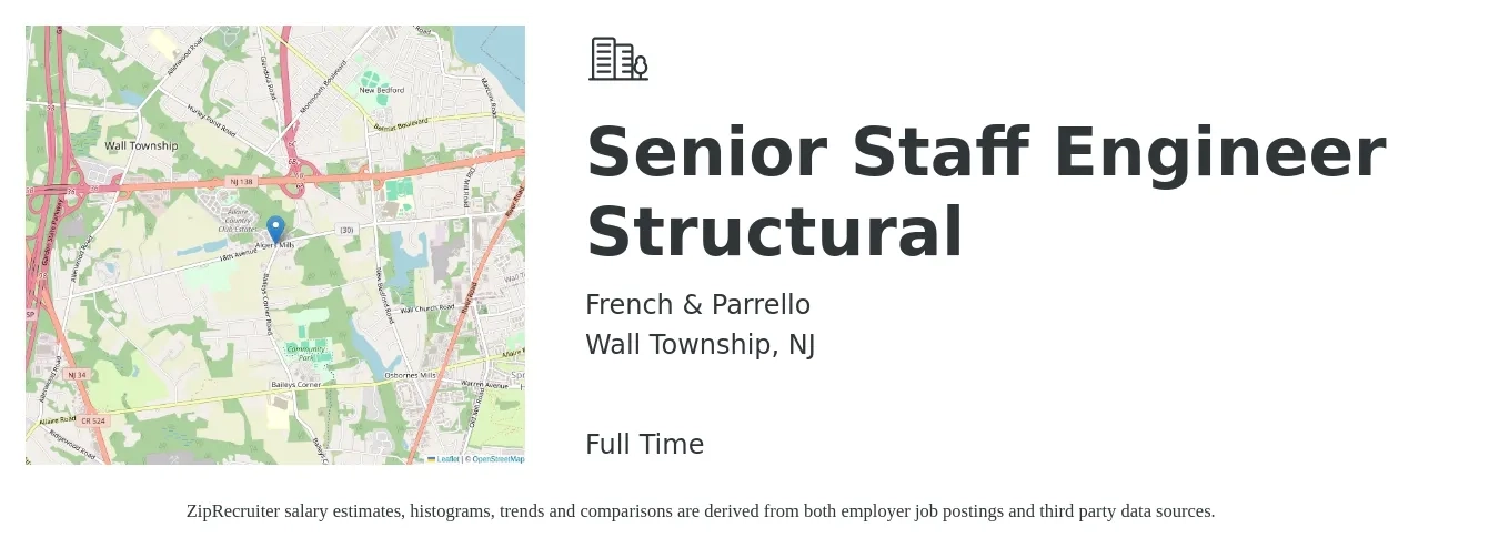 French & Parrello job posting for a Senior Staff Engineer Structural in Wall Township, NJ with a salary of $103,800 to $140,900 Yearly with a map of Wall Township location.