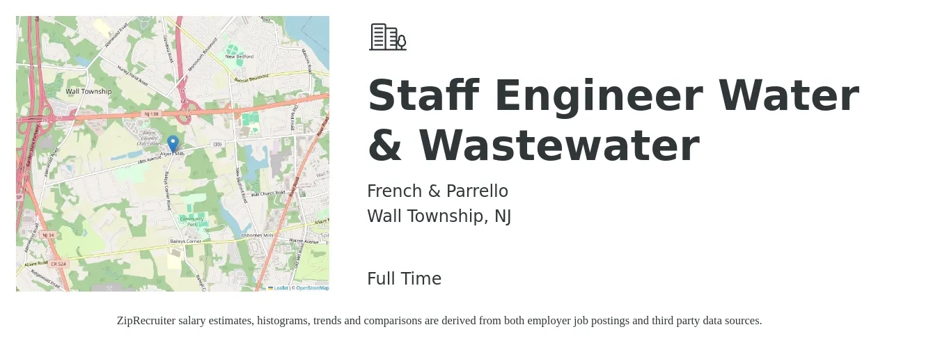 French & Parrello job posting for a Staff Engineer Water & Wastewater in Wall Township, NJ with a salary of $71,200 to $129,100 Yearly with a map of Wall Township location.