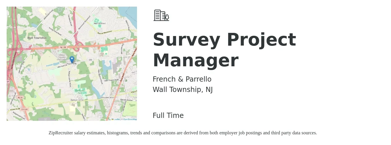 French & Parrello job posting for a Survey Project Manager in Wall Township, NJ with a salary of $89,800 to $124,400 Yearly with a map of Wall Township location.