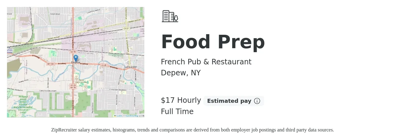 French Pub & Restaurant job posting for a Food Prep in Depew, NY with a salary of $18 Hourly with a map of Depew location.