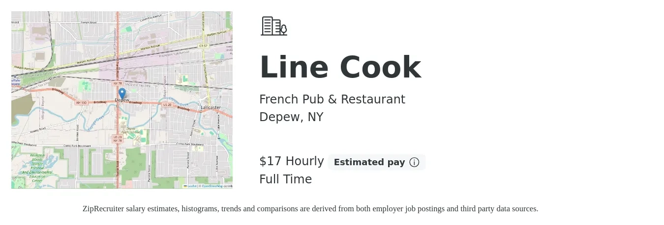 French Pub & Restaurant job posting for a Line Cook in Depew, NY with a salary of $18 Hourly with a map of Depew location.