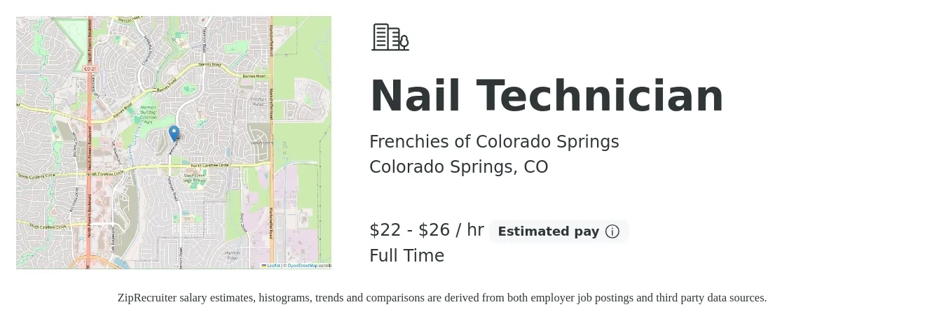 Frenchies of Colorado Springs job posting for a Nail Technician in Colorado Springs, CO with a salary of $23 to $28 Hourly with a map of Colorado Springs location.