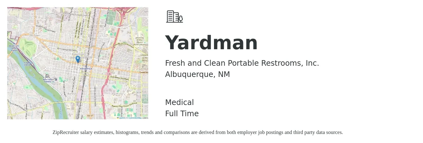 Fresh and Clean Portable Restrooms, Inc. job posting for a Yardman in Albuquerque, NM with a salary of $16 to $19 Hourly and benefits including medical with a map of Albuquerque location.