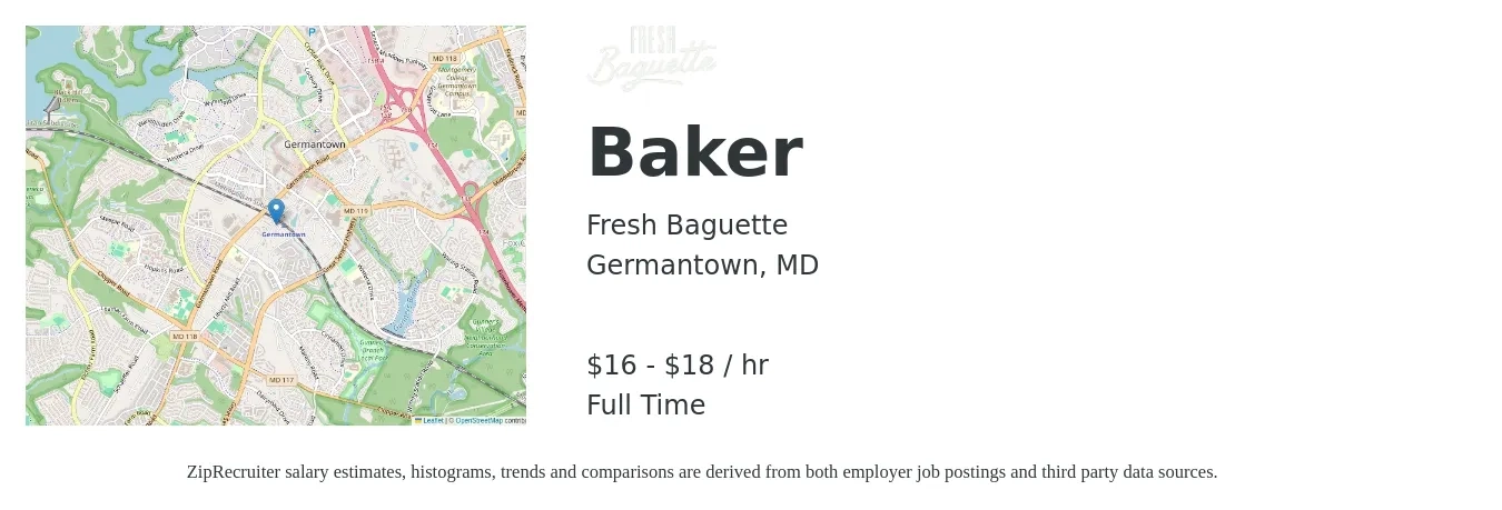 Fresh Baguette job posting for a Baker in Germantown, MD with a salary of $17 to $19 Hourly with a map of Germantown location.