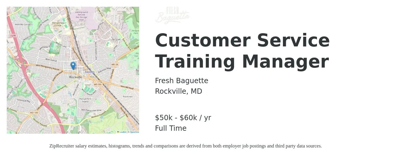 Fresh Baguette job posting for a Customer Service Training Manager in Rockville, MD with a salary of $50,000 to $60,000 Yearly with a map of Rockville location.