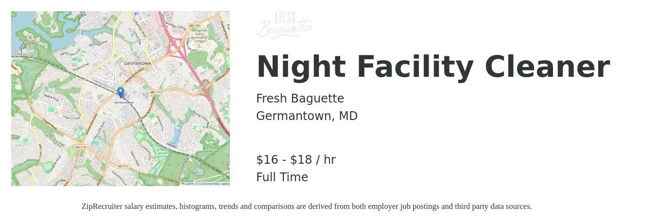 Fresh Baguette job posting for a Night Facility Cleaner in Germantown, MD with a salary of $17 to $19 Hourly with a map of Germantown location.