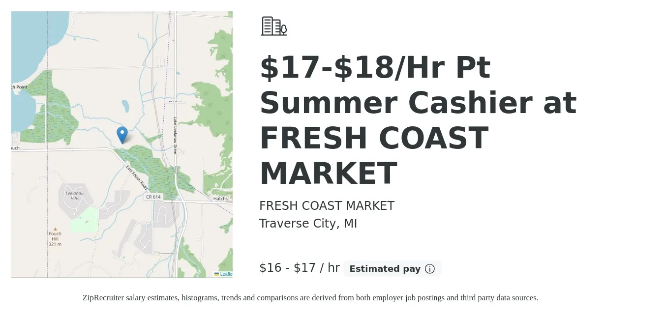 FRESH COAST MARKET job posting for a $17-$18/Hr Pt Summer Cashier at FRESH COAST MARKET in Traverse City, MI with a salary of $17 to $18 Hourly with a map of Traverse City location.