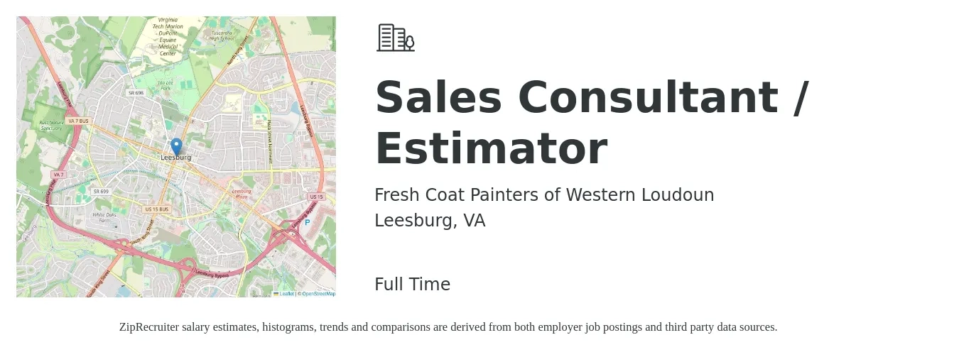 Fresh Coat Painters of Western Loudoun job posting for a Sales Consultant / Estimator in Leesburg, VA with a salary of $49,100 to $71,300 Yearly with a map of Leesburg location.