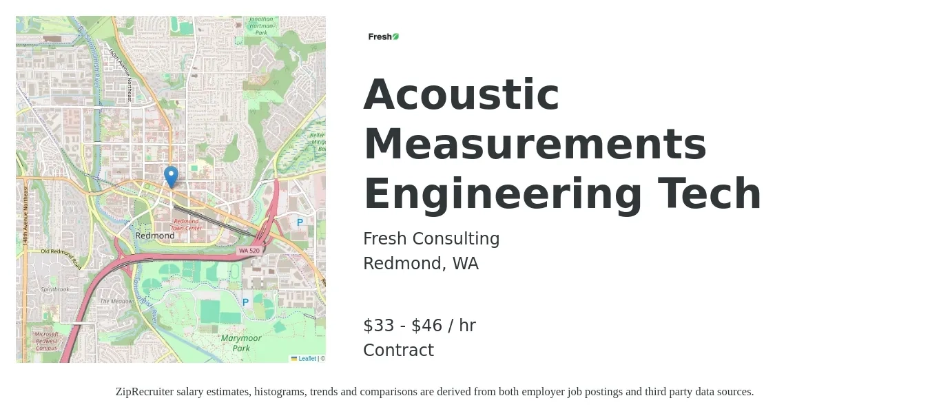 Fresh Consulting job posting for a Acoustic Measurements Engineering Tech in Redmond, WA with a salary of $35 to $48 Hourly with a map of Redmond location.