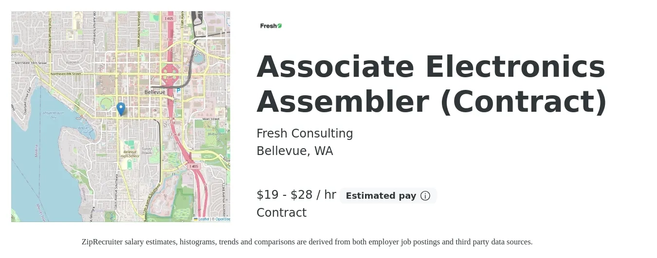 Fresh Consulting job posting for a Associate Electronics Assembler (Contract) in Bellevue, WA with a salary of $20 to $30 Hourly with a map of Bellevue location.