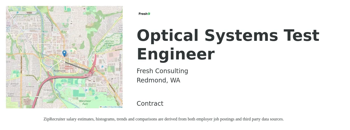 Fresh Consulting job posting for a Optical Systems Test Engineer in Redmond, WA with a salary of $36 to $52 Hourly with a map of Redmond location.