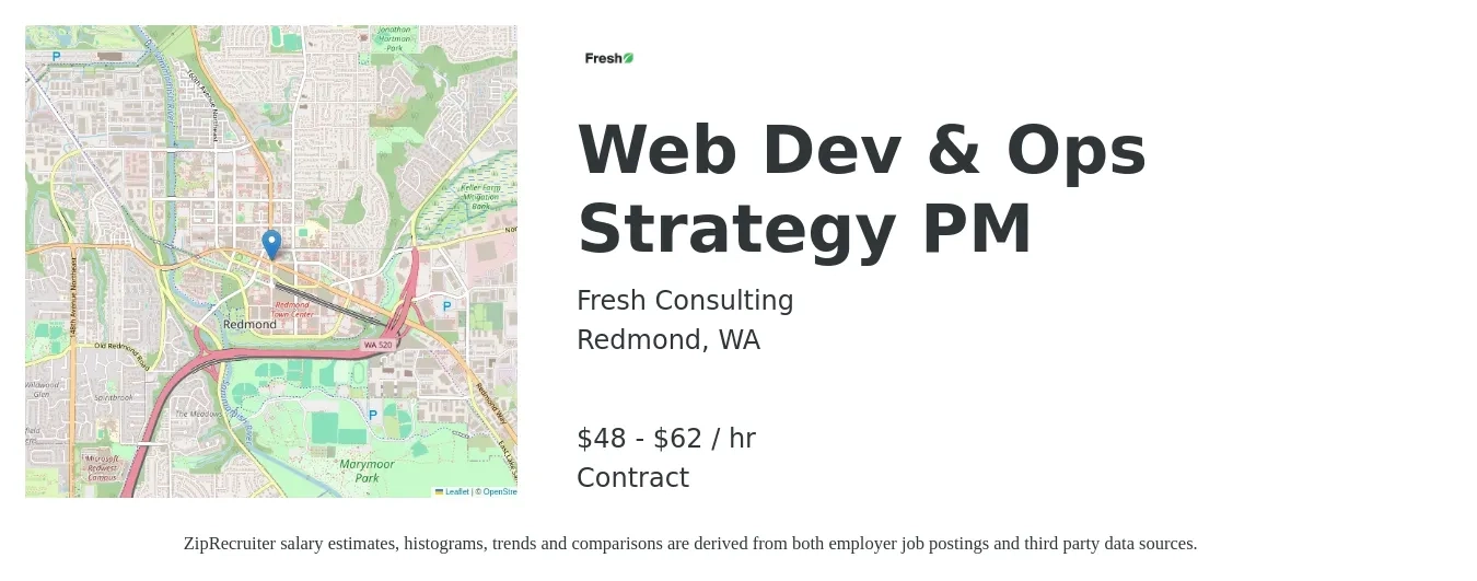 Fresh Consulting job posting for a Web Dev & Ops Strategy PM in Redmond, WA with a salary of $50 to $65 Hourly with a map of Redmond location.