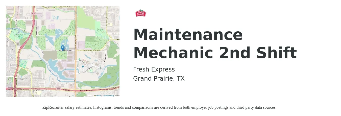 Fresh Express job posting for a Maintenance Mechanic 2nd Shift in Grand Prairie, TX with a salary of $22 to $30 Hourly with a map of Grand Prairie location.