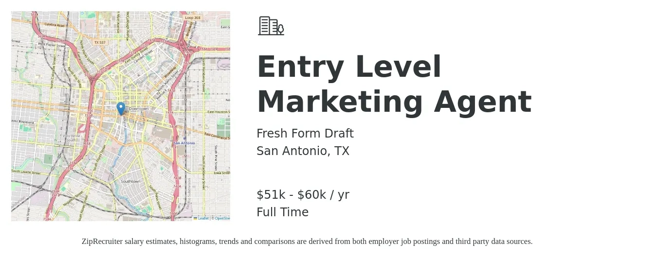 Fresh Form Draft job posting for a Entry Level Marketing Agent in San Antonio, TX with a salary of $35,000 to $45,000 Yearly with a map of San Antonio location.