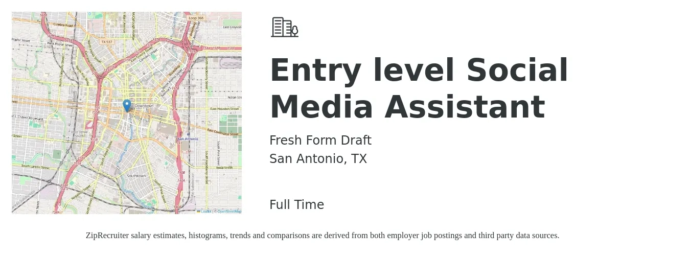 Fresh Form Draft job posting for a Entry level Social Media Assistant in San Antonio, TX with a salary of $4,000 to $5,500 Monthly with a map of San Antonio location.