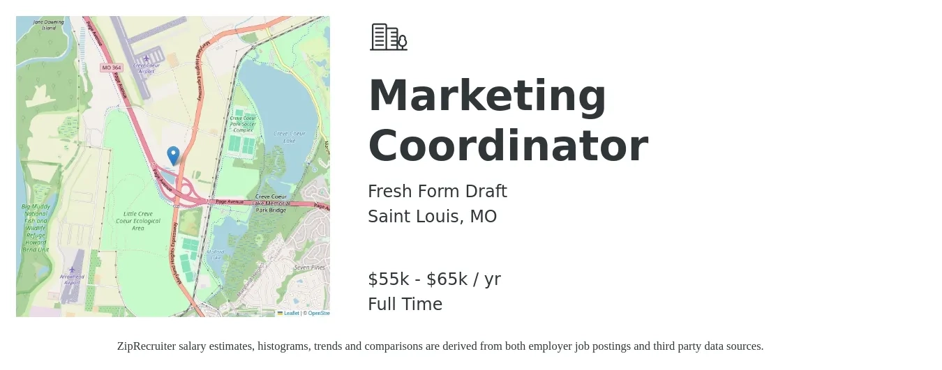Fresh Form Draft job posting for a Marketing Coordinator in Saint Louis, MO with a salary of $55,000 to $65,000 Yearly with a map of Saint Louis location.