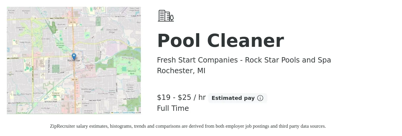 Fresh Start Companies - Rock Star Pools and Spa job posting for a Pool Cleaner in Rochester, MI with a salary of $20 to $27 Hourly with a map of Rochester location.