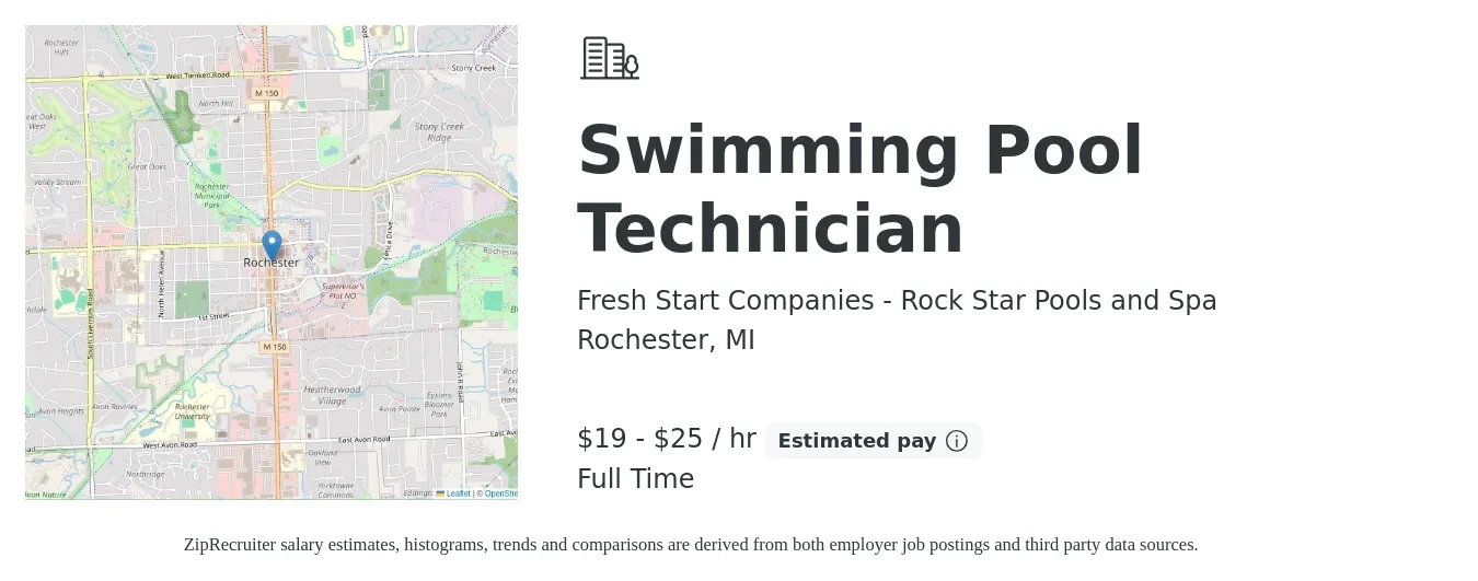 Fresh Start Companies - Rock Star Pools and Spa job posting for a Swimming Pool Technician in Rochester, MI with a salary of $20 to $27 Hourly with a map of Rochester location.