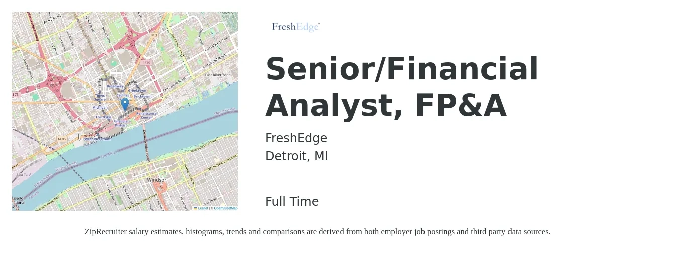 FreshEdge job posting for a Senior/Financial Analyst, FP&A in Detroit, MI with a salary of $84,600 to $105,400 Yearly with a map of Detroit location.