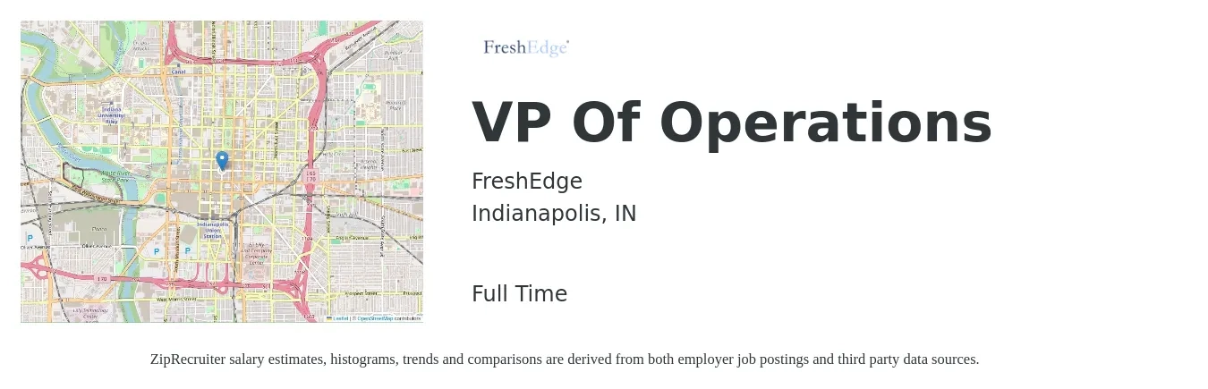 FreshEdge job posting for a VP Of Operations in Indianapolis, IN with a salary of $110,400 to $176,800 Yearly with a map of Indianapolis location.