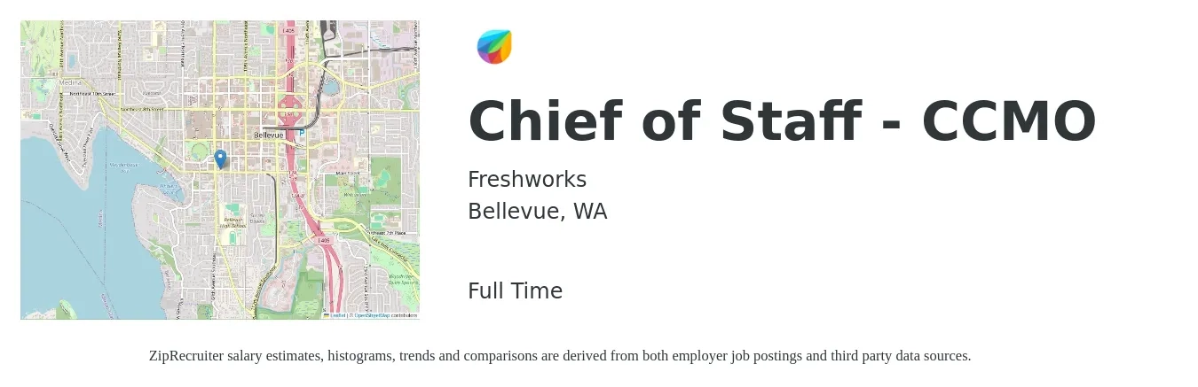 Freshworks job posting for a Chief of Staff - CCMO in Bellevue, WA with a salary of $105,000 to $164,800 Yearly with a map of Bellevue location.