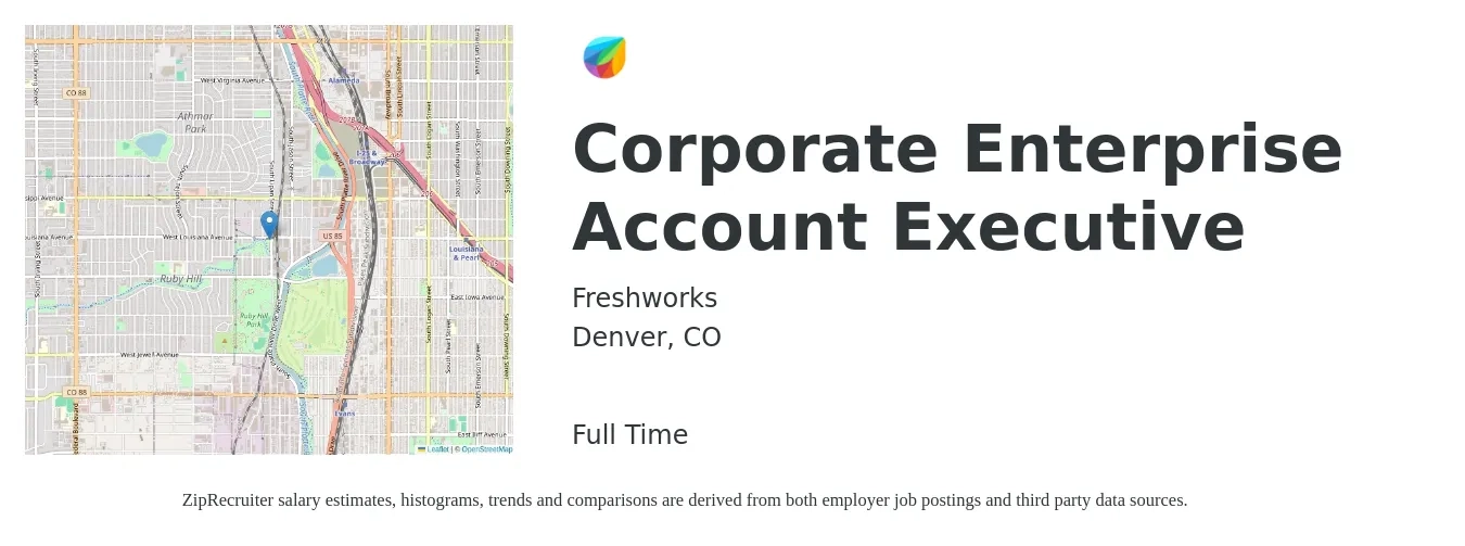Freshworks job posting for a Corporate Enterprise Account Executive in Denver, CO with a salary of $100,000 to $115,000 Yearly with a map of Denver location.
