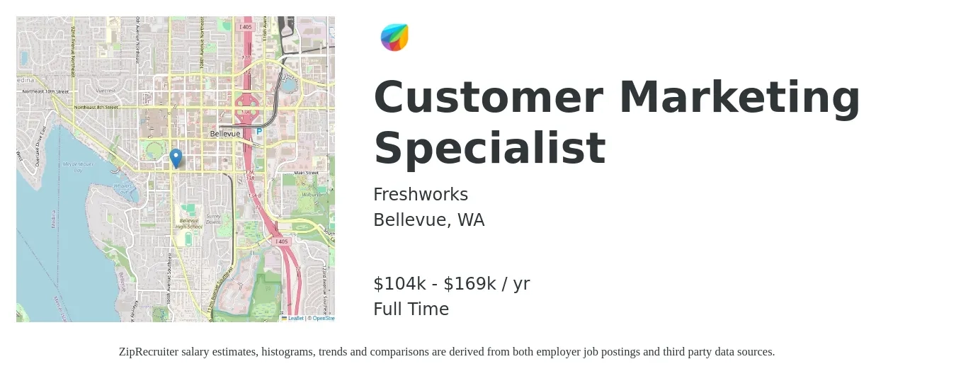 Freshworks job posting for a Customer Marketing Specialist in Bellevue, WA with a salary of $104,200 to $169,300 Yearly with a map of Bellevue location.
