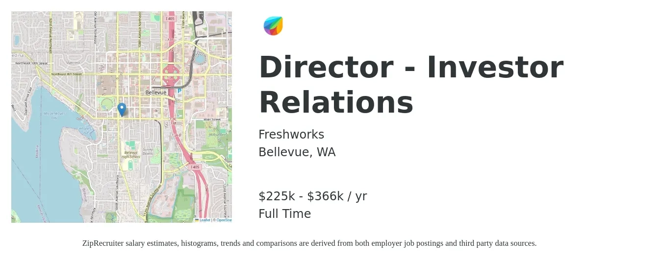 Freshworks job posting for a Director - Investor Relations in Bellevue, WA with a salary of $225,768 to $366,873 Yearly with a map of Bellevue location.