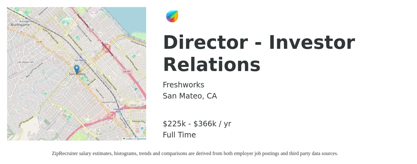 Freshworks job posting for a Director - Investor Relations in San Mateo, CA with a salary of $225,768 to $366,873 Yearly with a map of San Mateo location.