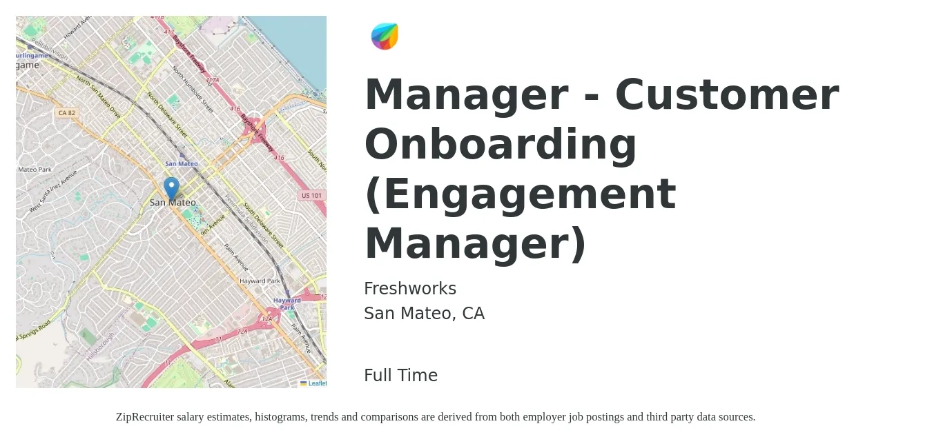 Freshworks job posting for a Manager - Customer Onboarding (Engagement Manager) in San Mateo, CA with a salary of $65,500 to $140,100 Yearly with a map of San Mateo location.