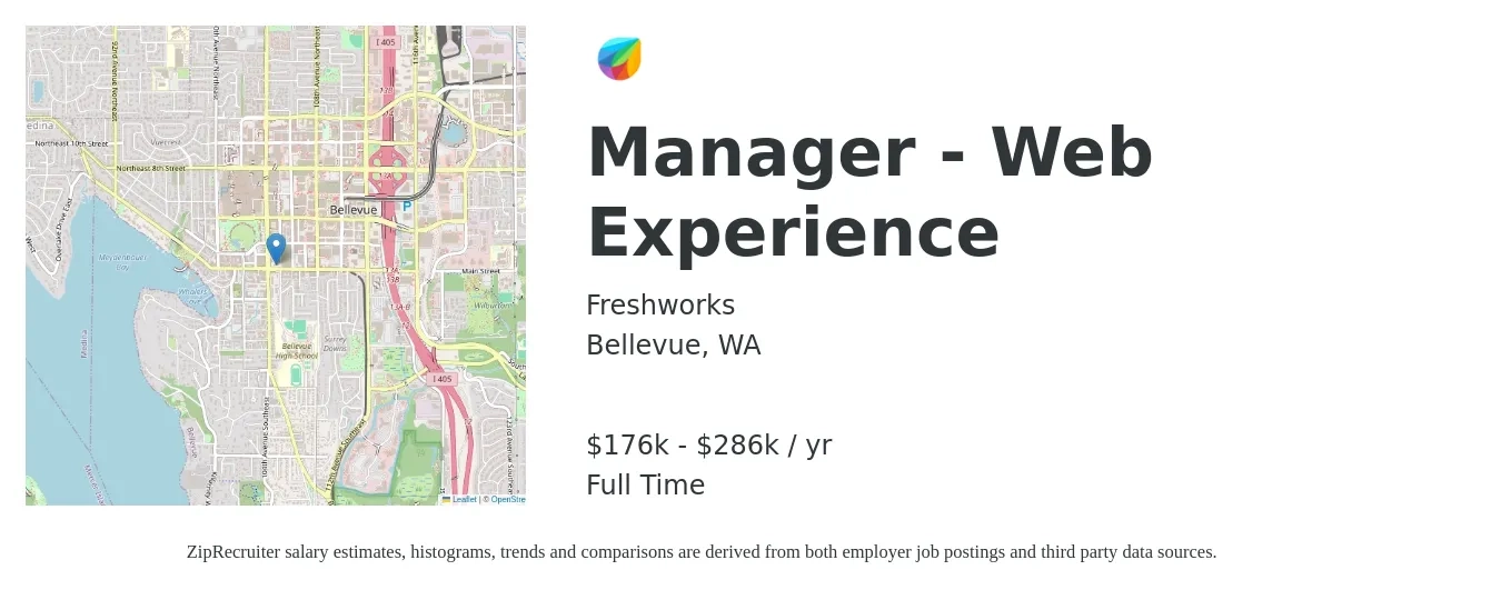 Freshworks job posting for a Manager - Web Experience in Bellevue, WA with a salary of $176,480 to $286,780 Yearly with a map of Bellevue location.