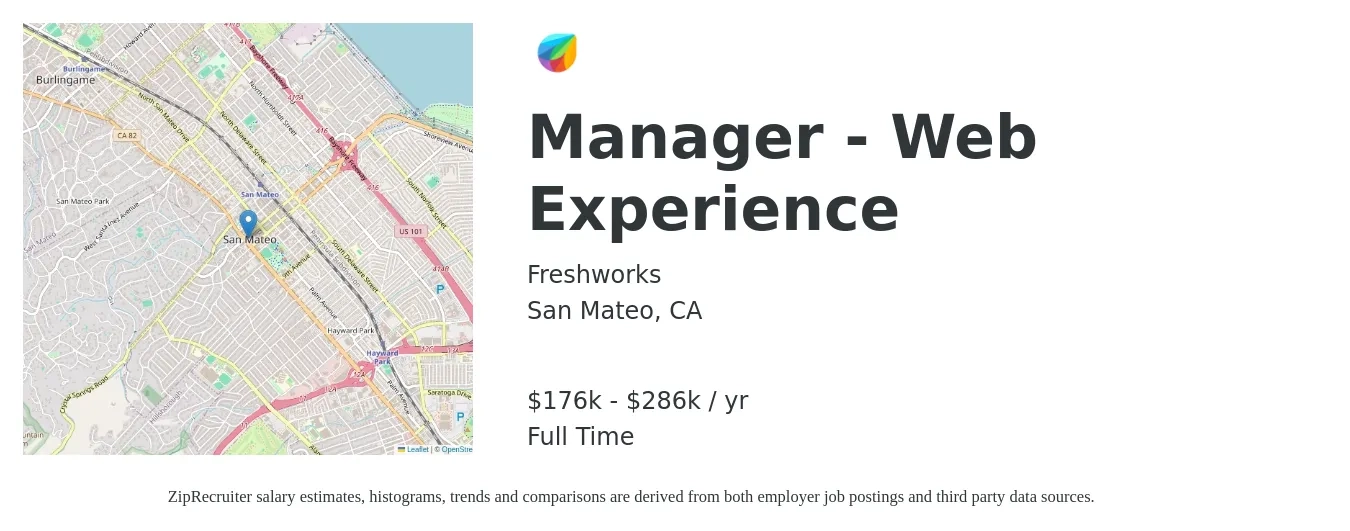 Freshworks job posting for a Manager - Web Experience in San Mateo, CA with a salary of $176,480 to $286,780 Yearly with a map of San Mateo location.
