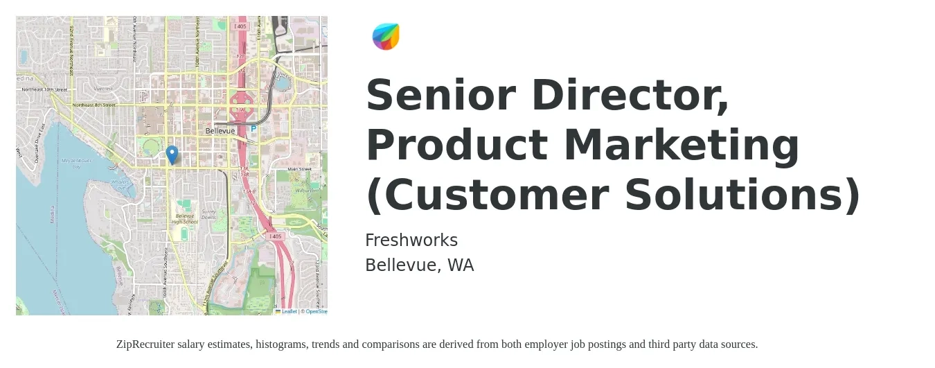 Freshworks job posting for a Senior Director, Product Marketing (Customer Solutions) in Bellevue, WA with a salary of $136,600 to $178,900 Yearly with a map of Bellevue location.