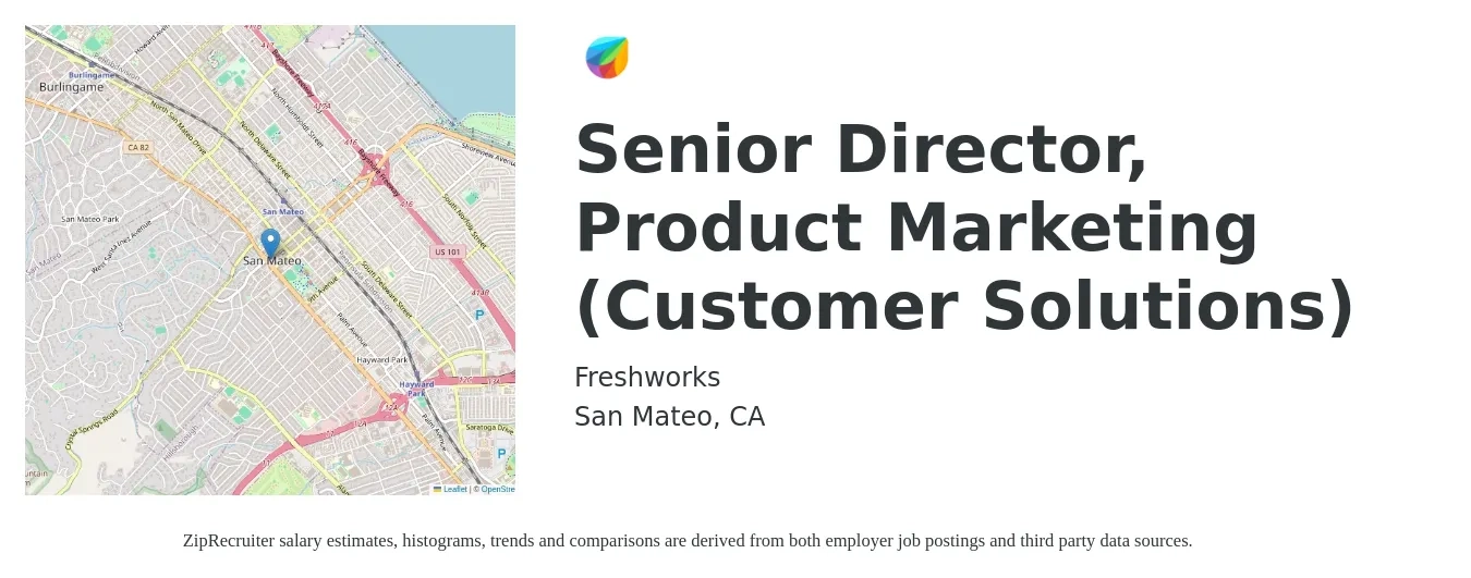 Freshworks job posting for a Senior Director, Product Marketing (Customer Solutions) in San Mateo, CA with a salary of $137,800 to $180,500 Yearly with a map of San Mateo location.