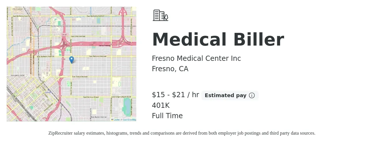 Fresno Medical Center Inc job posting for a Medical Biller in Fresno, CA with a salary of $16 to $22 Hourly and benefits including 401k with a map of Fresno location.