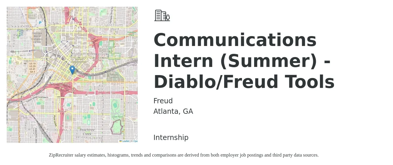 Freud job posting for a Communications Intern (Summer) - Diablo/Freud Tools in Atlanta, GA with a salary of $14 to $19 Hourly with a map of Atlanta location.