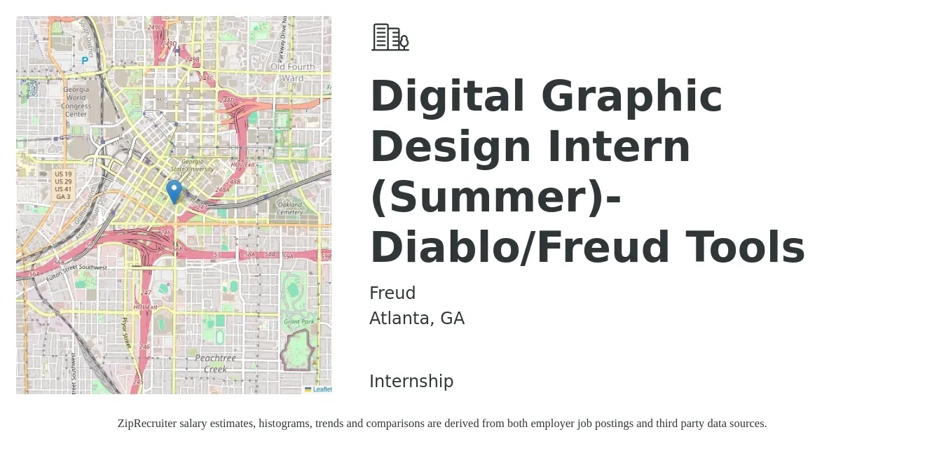 Freud job posting for a Digital Graphic Design Intern (Summer)- Diablo/Freud Tools in Atlanta, GA with a salary of $14 to $19 Hourly with a map of Atlanta location.