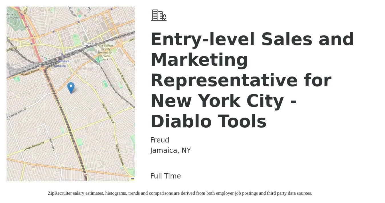 Freud job posting for a Entry-level Sales and Marketing Representative for New York City - Diablo Tools in Jamaica, NY with a salary of $48,900 to $78,600 Yearly with a map of Jamaica location.