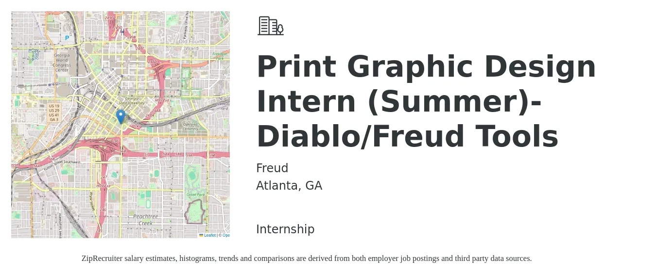 Freud job posting for a Print Graphic Design Intern (Summer)- Diablo/Freud Tools in Atlanta, GA with a salary of $14 to $19 Hourly with a map of Atlanta location.