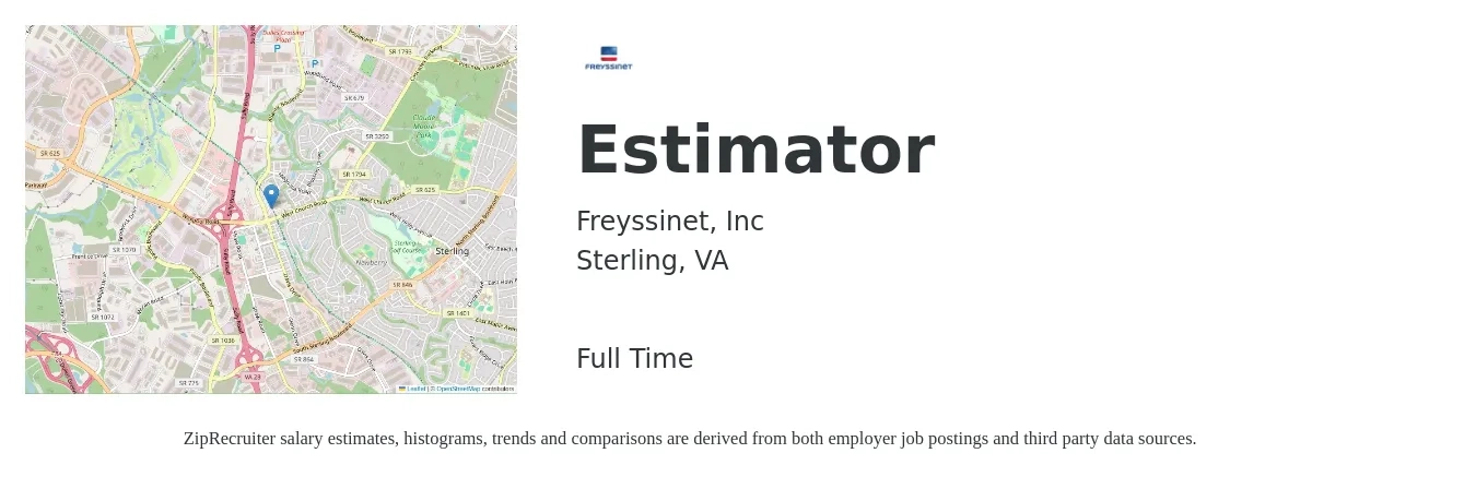 Freyssinet, Inc job posting for a Estimator in Sterling, VA with a salary of $62,600 to $100,000 Yearly with a map of Sterling location.