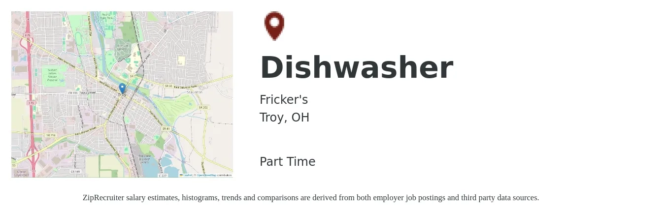 Fricker's job posting for a Dishwasher in Troy, OH with a salary of $12 to $16 Hourly with a map of Troy location.