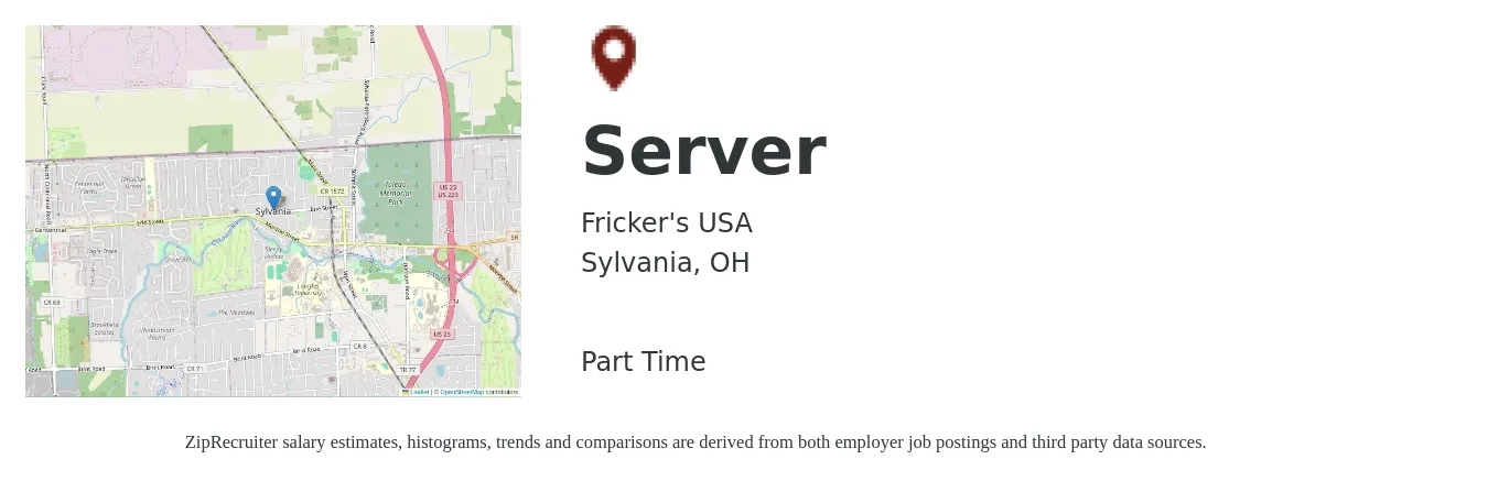 Fricker's USA job posting for a Server in Sylvania, OH with a salary of $10 to $18 Hourly with a map of Sylvania location.