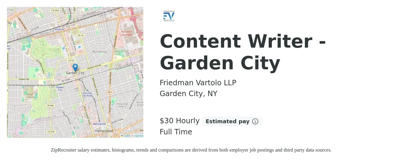 Friedman Vartolo LLP job posting for a Content Writer - Garden City in Garden City, NY with a salary of $25 to $50 Hourly with a map of Garden City location.