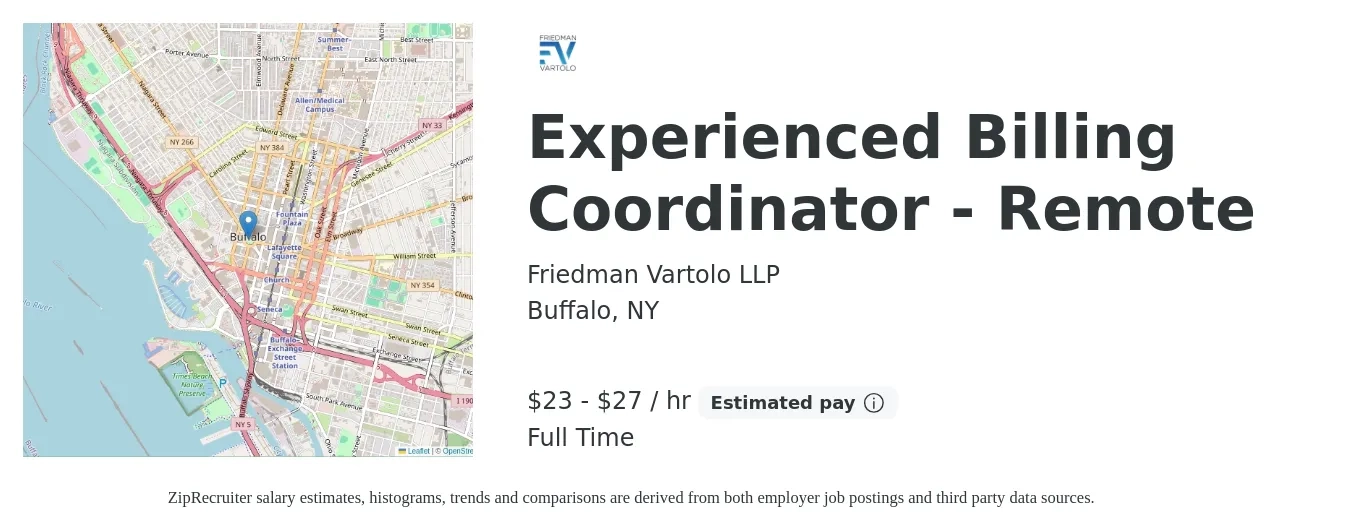 Friedman Vartolo LLP job posting for a Experienced Billing Coordinator - Remote in Buffalo, NY with a salary of $21 to $32 Hourly with a map of Buffalo location.