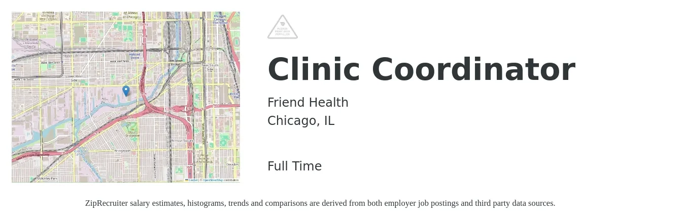 Friend Health job posting for a Clinic Coordinator in Chicago, IL with a salary of $22 to $36 Hourly with a map of Chicago location.