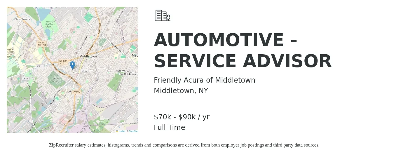 Friendly Acura of Middletown job posting for a AUTOMOTIVE - SERVICE ADVISOR in Middletown, NY with a salary of $70,000 to $90,000 Yearly with a map of Middletown location.
